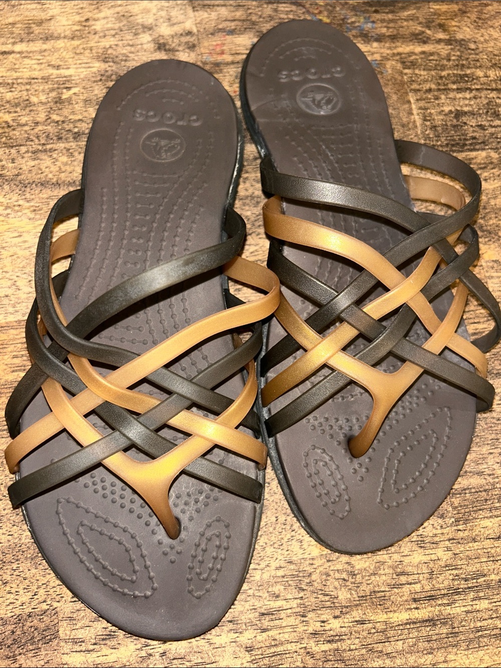 CROCS Women's Strappy Sandal in Black and Brown